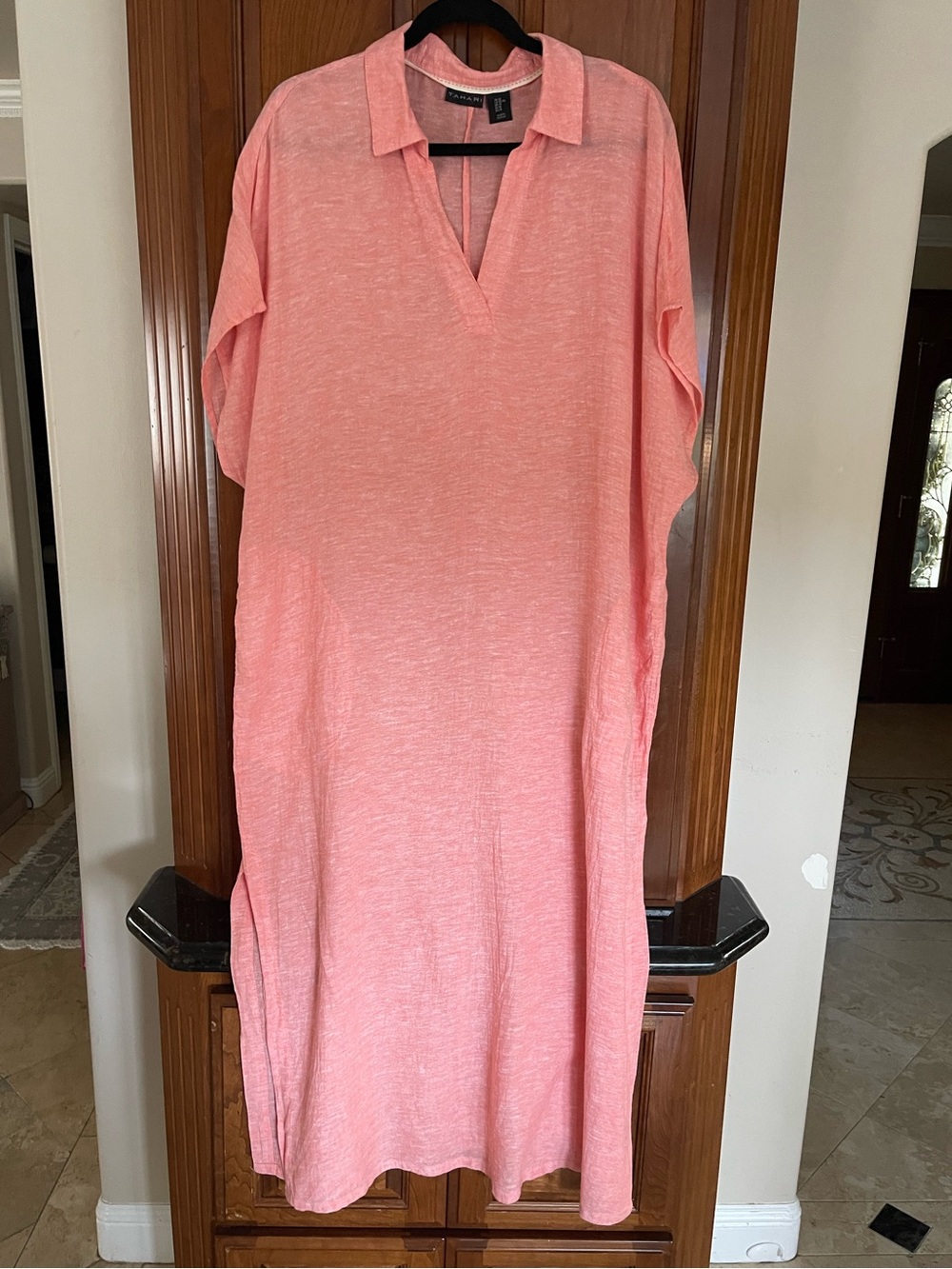 Tahari Coral Pink V-Neck Kaftan linen- rayon Beach Dress